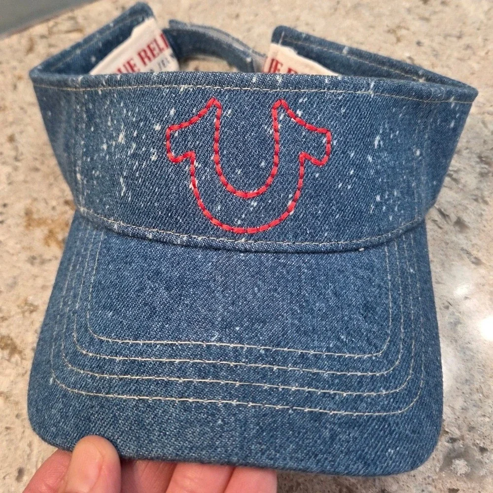 True Religion Denim Visor Blue Paint Splatter Red Horseshoe‎ Logo Adjustable Hat